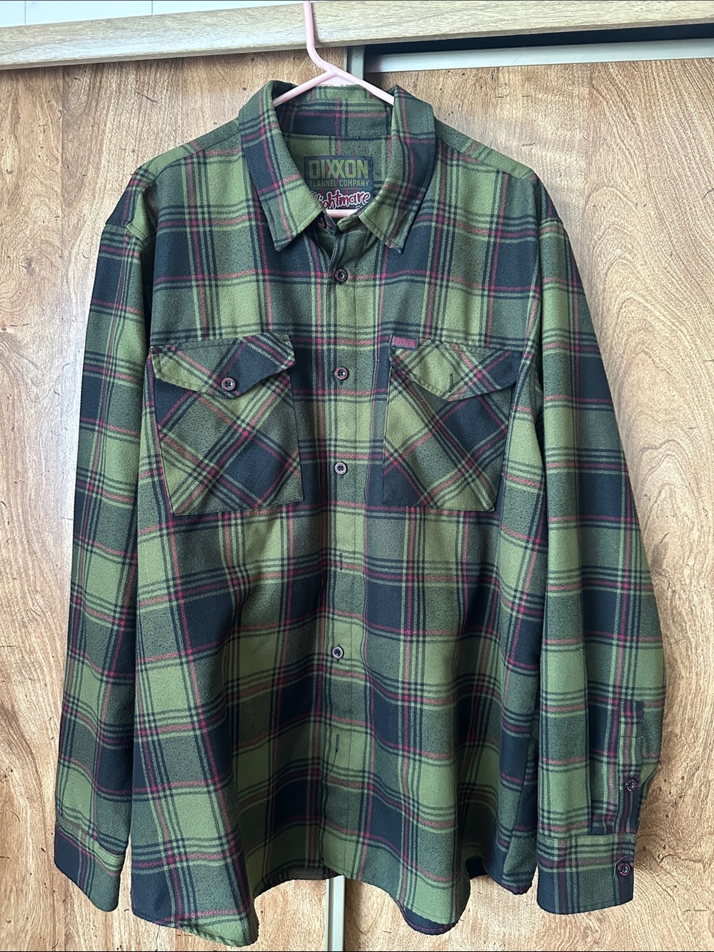 DIXXON Olive Green Plaid Button-Down Shirt with Black and Red Accents - Picture 3 of 4